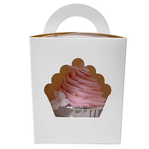 ONE MORE Individual Cupcake Containers,Large Single Cupcake Boxes Carrier with Insert & Handles and PVC Window For Birthday Party(White 15)