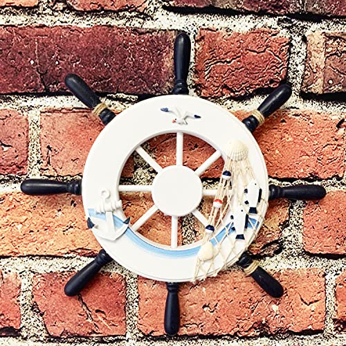 Rainbow Handcrafts Nautical Mediterranean Wooden Ship Boat Wheels Decor Anchor Fishing Net Nautical Wall Décor Wood Hanging Steering Wheel Pirate Decoration Beach Wall Art Ornament Bathroom Decoration