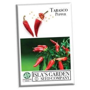 "tabasco" red hot chili pepper seeds for planting, 50+ heirloom seeds per packet, (isla's garden seeds), non gmo seeds, botanical name: capsicum frutescens, great home garden gift