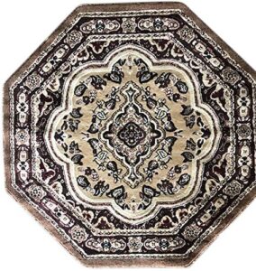 traditional octagon persian rug beige brown burgundy & black design 520 (4 feet x 4 feet)