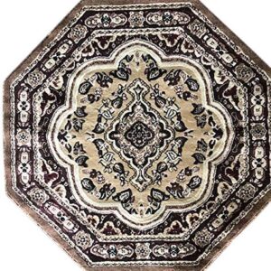 Traditional Octagon Persian Rug Beige Brown Burgundy & Black Design 520 (4 Feet X 4 Feet)