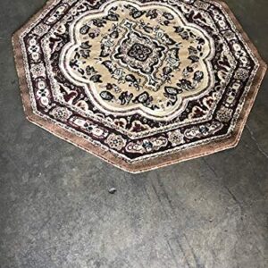Traditional Octagon Persian Rug Beige Brown Burgundy & Black Design 520 (4 Feet X 4 Feet)