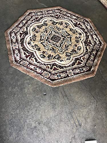 Traditional Octagon Persian Rug Beige Brown Burgundy & Black Design 520 (4 Feet X 4 Feet)