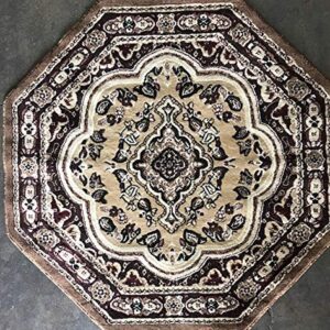 Traditional Octagon Persian Rug Beige Brown Burgundy & Black Design 520 (4 Feet X 4 Feet)