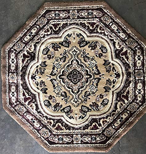 Traditional Octagon Persian Rug Beige Brown Burgundy & Black Design 520 (4 Feet X 4 Feet)