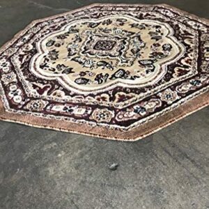 Traditional Octagon Persian Rug Beige Brown Burgundy & Black Design 520 (4 Feet X 4 Feet)