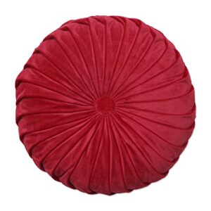 pillow perfect round pleated velvet buttoned decorative pillow, 1 count (pack of 1), red