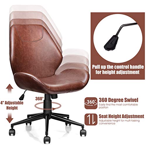 Giantex Home Office Leisure Chair Ergonomic Mid-Back PU Leather Armless Chair Upholstered with 5 Rolling Casters, Height Adjustable Swivel Chair