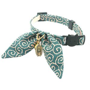 petsokoo cute bunny ears bowtie cat collar with bell, ancient arabesque print, japan lucky ’開三運’ charm. safety breakaway, soft, for girl boy male female cats,light blue