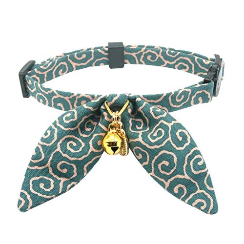 PetSoKoo Cute Bunny Ears Bowtie Cat Collar with Bell, Ancient Arabesque Print, Japan Lucky ’開三運’ Charm. Safety Breakaway, Soft, for Girl Boy Male Female Cats,Light Blue