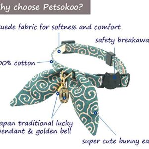 PetSoKoo Cute Bunny Ears Bowtie Cat Collar with Bell, Ancient Arabesque Print, Japan Lucky ’開三運’ Charm. Safety Breakaway, Soft, for Girl Boy Male Female Cats,Light Blue