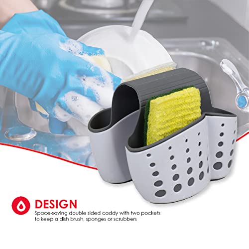 Home Basics Draining Dual Sink Saddle Sponge Holder Organizer for Double Sink, White/Grey