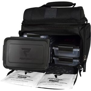 performa meal prep matrix 6 meal cooler bag - organized and insulated 6 lunch prep bag with two ice packs and shoulder strap to accommodate your daily meal prepping (black)