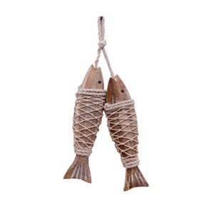 set of 2 hanging vintage wooden fish wall sculpture decor 8''h hand carved nautical decorated mediterranean style distressed look wood fishing home decoration nautical beach themed wall ornament