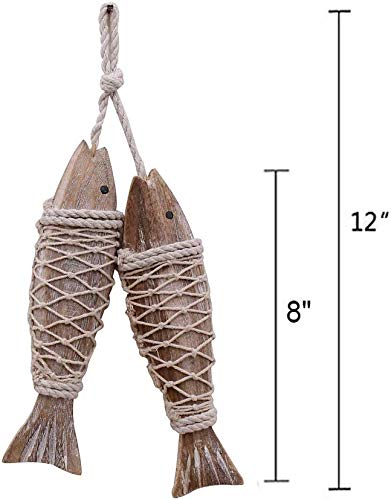 Set of 2 Hanging Vintage Wooden Fish Wall Sculpture Decor 8''H Hand Carved Nautical Decorated Mediterranean Style Distressed Look Wood Fishing Home Decoration Nautical Beach Themed Wall Ornament