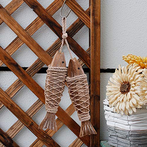 Set of 2 Hanging Vintage Wooden Fish Wall Sculpture Decor 8''H Hand Carved Nautical Decorated Mediterranean Style Distressed Look Wood Fishing Home Decoration Nautical Beach Themed Wall Ornament