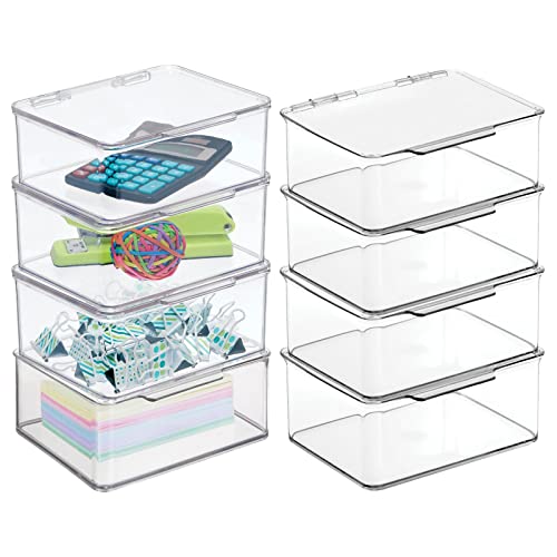 mDesign Small Plastic Home Office Storage Organizer Box Containers w/Hinged Lid for Desktops - Holds Pens, Pencils, Sticky Notes, Highlighters, Staples, Supplies - Lumiere Collection, 8 Pack - Clear