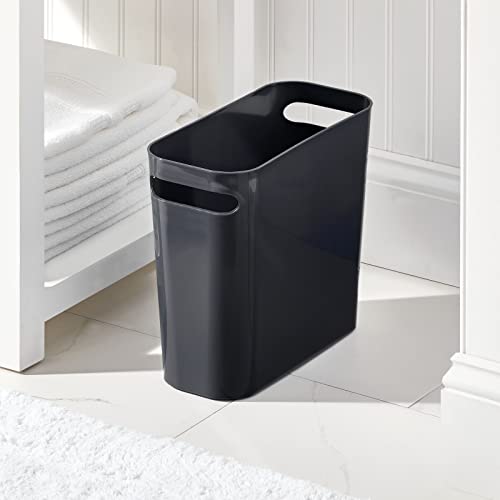 mDesign Plastic Small Trash Can, 1.5 Gallon/5.7-Liter Wastebasket, Narrow Garbage Bin with Handles for Bathroom, Laundry, Home Office - Holds Waste, Recycling, 10" High, Aura Collection, 6 Pack, Black