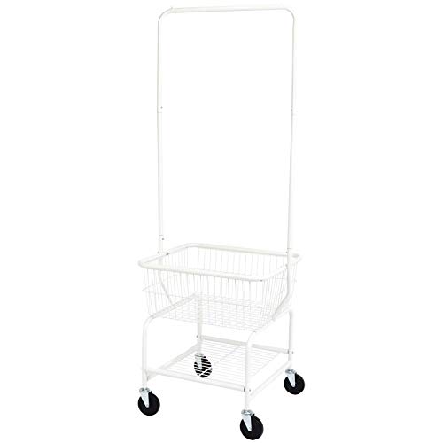 Amazon Basics Rectangular Laundry Hamper Basket Butler Cart with Wheels and Hanging Rack, White