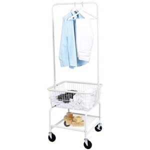 Amazon Basics Rectangular Laundry Hamper Basket Butler Cart with Wheels and Hanging Rack, White