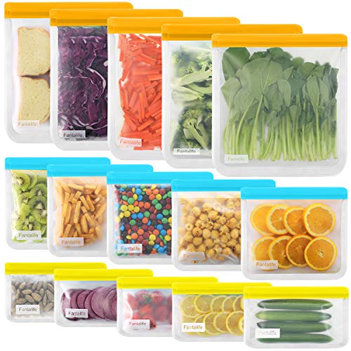 Reusable Food Storage Bags-15 Pack BPA FREE Extra Thick Freezer Bags，5 Leakproof Reusable Gallon Bags，5 Reusable Sandwich Bags，5 Reusable Snack Bags For Kids, Lunch Bags For Meat Fruit Cereal Veggies