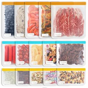 reusable food storage bags-15 pack bpa free extra thick freezer bags，5 leakproof reusable gallon bags，5 reusable sandwich bags，5 reusable snack bags for kids, lunch bags for meat fruit cereal veggies