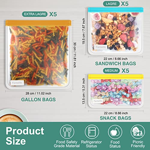 Reusable Food Storage Bags-15 Pack BPA FREE Extra Thick Freezer Bags，5 Leakproof Reusable Gallon Bags，5 Reusable Sandwich Bags，5 Reusable Snack Bags For Kids, Lunch Bags For Meat Fruit Cereal Veggies