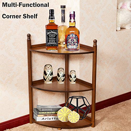 LUCKYERMORE Corner Display Shelf Storage Rack 3 Tier Bamboo Free Standing L Corner Shelves Units Organizer for Bathroom Living Room Indoor Plant Stand, Espresso