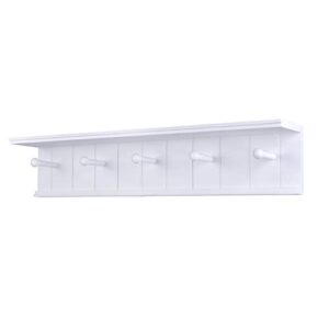 danya b. br17052wh 24" wall mount wooden coat rack with 5 hanger hooks and display shelf - white