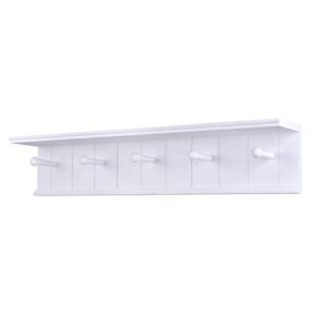 Danya B. BR17052WH 24" Wall Mount Wooden Coat Rack with 5 Hanger Hooks and Display Shelf - White