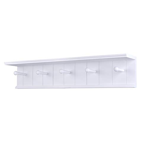 Danya B. BR17052WH 24" Wall Mount Wooden Coat Rack with 5 Hanger Hooks and Display Shelf - White