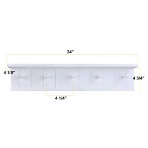 Danya B. BR17052WH 24" Wall Mount Wooden Coat Rack with 5 Hanger Hooks and Display Shelf - White