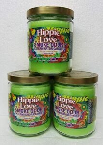 smoke odor exterminator 13 oz jar candles hippie love, (3) set of three candles.