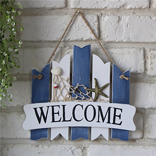 VOSAREA Welcome Wooden Fishing Net Sea Star Hanging Mediterranean Style Nautical Wall Decor Beach Theme Cafe Decoration