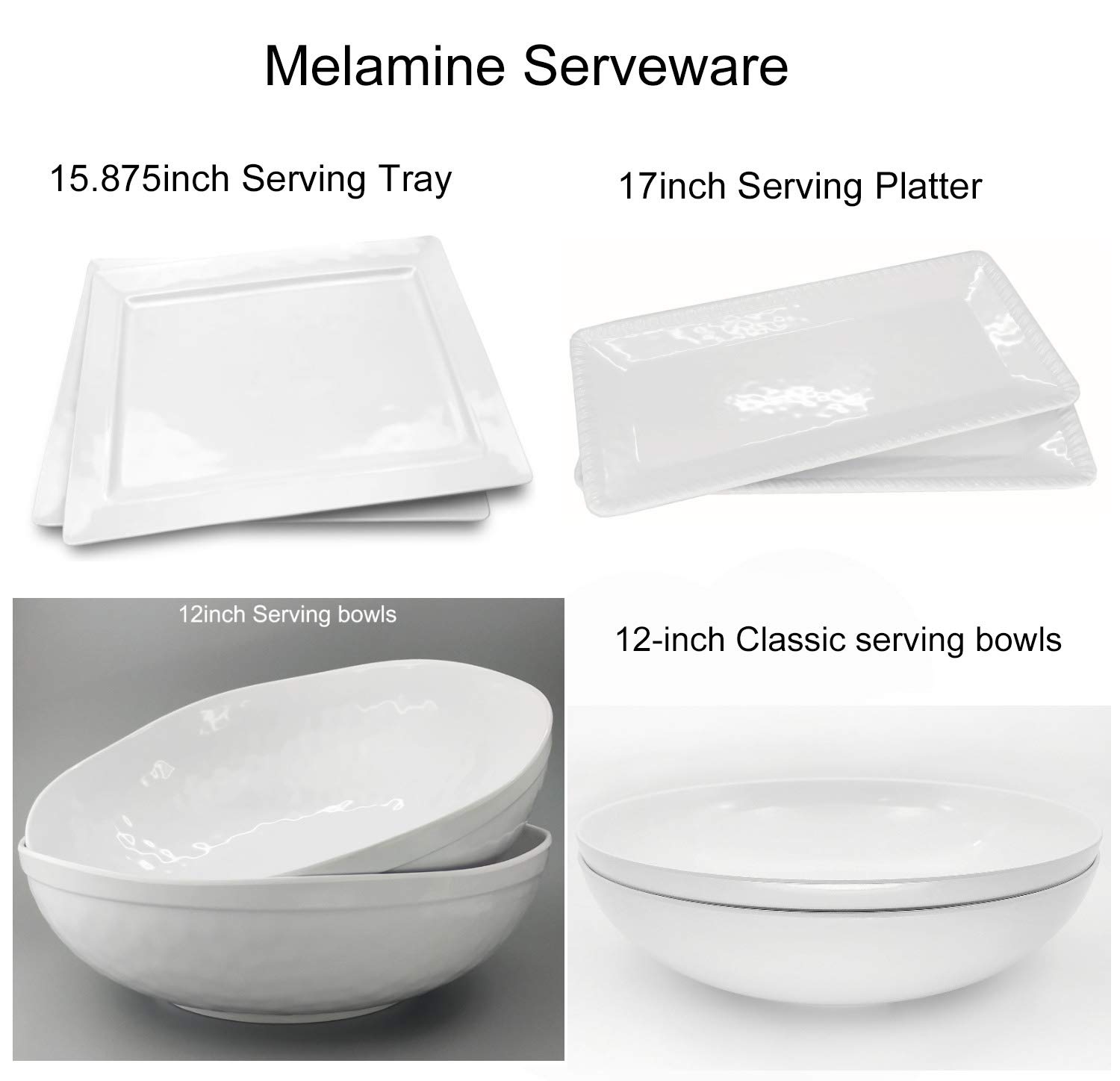 Melamine Serving Tray - 2 Piece 15.875" x 10.875" 100% Melamine Rectangular Platter,White Color | Shatter-Proof and Chip-Resistant Dishwasher Safe and BPA Free