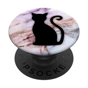 black cat on white purple pink rose marbled design popsockets popgrip: swappable grip for phones & tablets