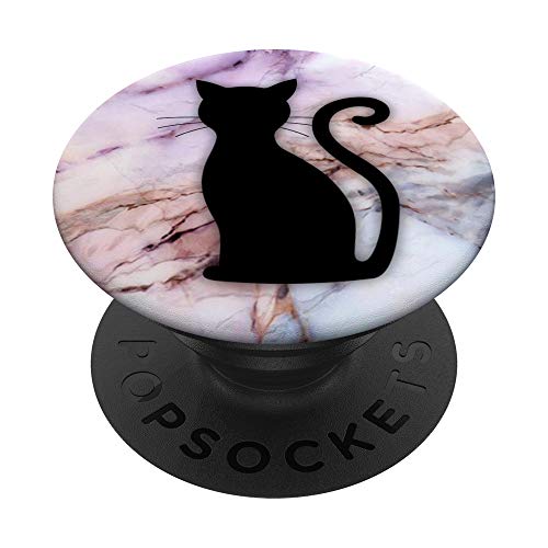 Black Cat On White Purple Pink Rose Marbled Design PopSockets PopGrip: Swappable Grip for Phones & Tablets