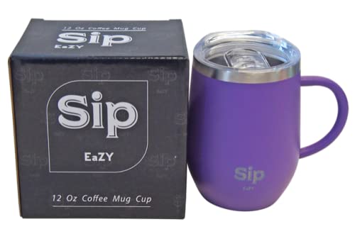 PURPLE Double Walled 18/8 StainlessSteel Insulated Cup, Handle & Lid 12oz- Keeps your Drinks Hot up to 6 hours Cold up to 24hour - Coffee, Tea, Beer, Water, Wine - Arrives Boxed for easy Gifting!