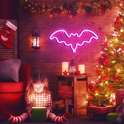 QiaoFei LED Neon Bat Sign Shaped Decor Light,Bat Night Light Wall Decor for Christmas,Birthday Party,Kids Room, Living Room, Wedding Party Decor(Pink)