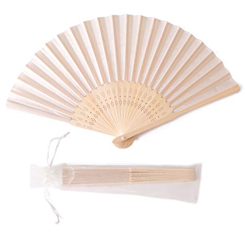 Sepwedd 50pcs Cream-Coloured Imitated Silk Fabric Bamboo Folded Hand Fan Bridal Dancing Props Church Wedding Gift Party Favors with Gift Bags