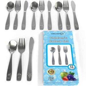 12 piece stainless steel kids silverware set - child and toddler safe flatware - kids utensil set - metal kids cutlery set includes 4 small kids spoons, 4 forks & 4 knives