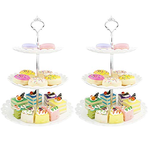 3-Tier White Silver Plastic Dessert Stand Pastry Stand Cake Stand Cupcake Stand Holder Serving Platter for Party Wedding Home Decor-Large-Set of 2