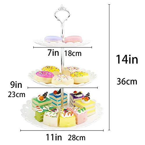 3-Tier White Silver Plastic Dessert Stand Pastry Stand Cake Stand Cupcake Stand Holder Serving Platter for Party Wedding Home Decor-Large-Set of 2