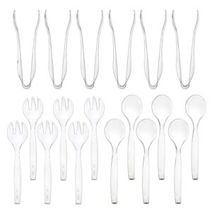 disposable plastic serving utensils set - 18 pack for parties and events - heavy duty plastic - clear 10" spoons, forks, and 6" tongs - perfect for serving - great value