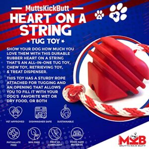 SodaPup MuttsKickButt Heart on a String – Durable Dog Tug Toy, Chew Toy, & Treat Dispenser Made in USA from Non-Toxic, Pet-Safe, Food Safe Natural Rubber for Bonding, Exercise, Training, & More