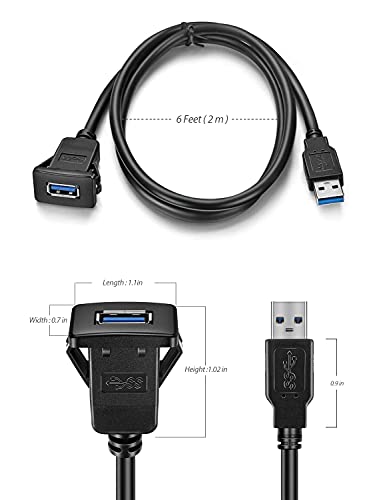 URWOOW USB3.0 Square Flush Mount - 2M 6ft USB 3.0 Extension Mount, Dash Mount, Flush Mount, Panel Mount Cable, for Car, Boat, Motorcycle (6 feet)