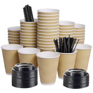 springpack 12oz 100 packs insulated kraft ripple wall disposable to go paper coffee cups for office parties home travel corrugated sleeve hot drink cups with lids & straws,100 count 12 oz