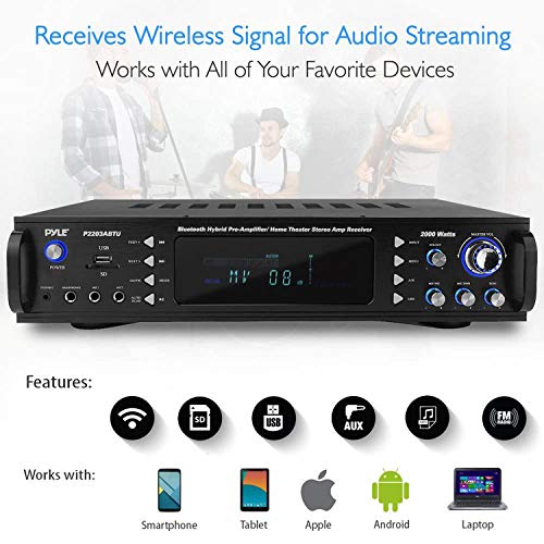 Pyle 4-Channel Bluetooth Home Power Amplifier - 2000 Watt Audio Stereo Receiver w/ Speaker Selector, AM FM Radio, USB/ SD Card Reader, Karaoke Microphone Input - Home Entertainment System