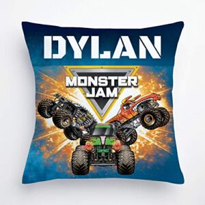 tv's toy box monster jam personalized throw pillow with trucks and logo on blue removable cover, custom name printed, official licensed product, 14x14