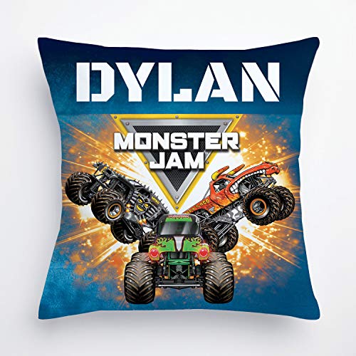 TV's Toy Box Monster Jam Personalized Throw Pillow with Trucks and Logo on Blue Removable Cover, Custom Name Printed, Official Licensed Product, 14x14